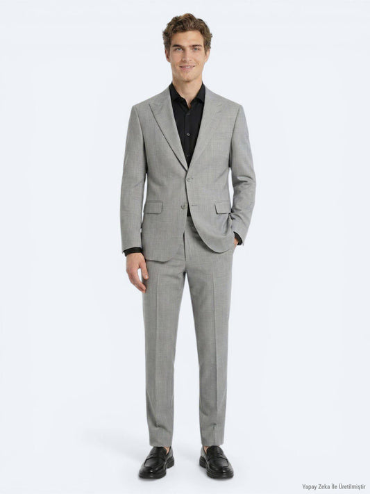 Grau Gestreifter Modern Fit Wollanzug