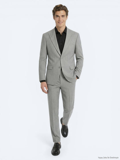 Grau Gestreifter Modern Fit Wollanzug