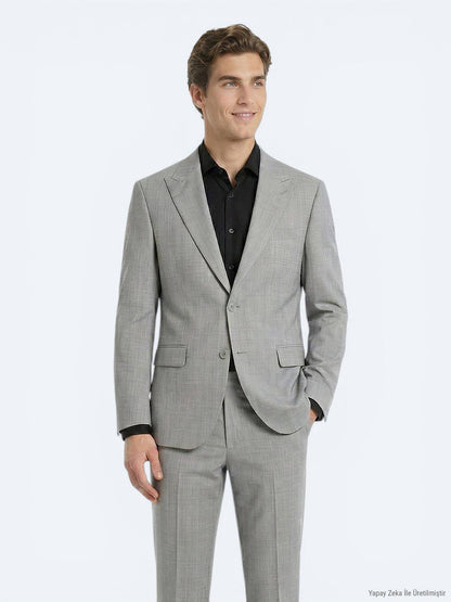 Grau Gestreifter Modern Fit Wollanzug