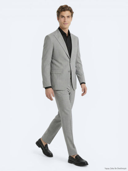 Grau Gestreifter Modern Fit Wollanzug