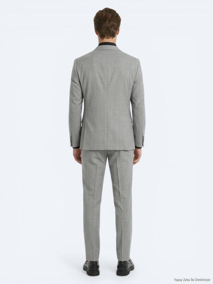 Grau Gestreifter Modern Fit Wollanzug