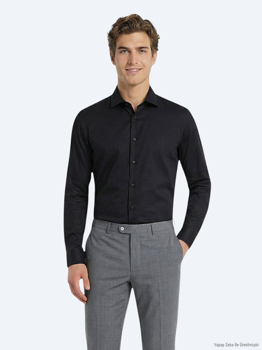 Schwarzes Klassisches Slim Fit Baumwollhemd