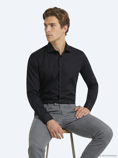 Schwarzes Klassisches Slim Fit Baumwollhemd