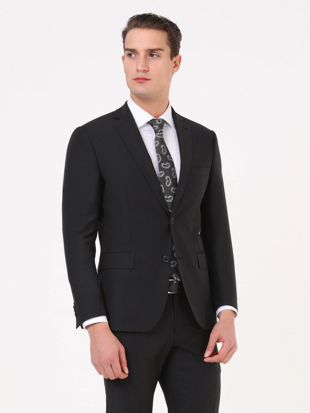 Schwarzer schlichter Wollanzug Regular Fit