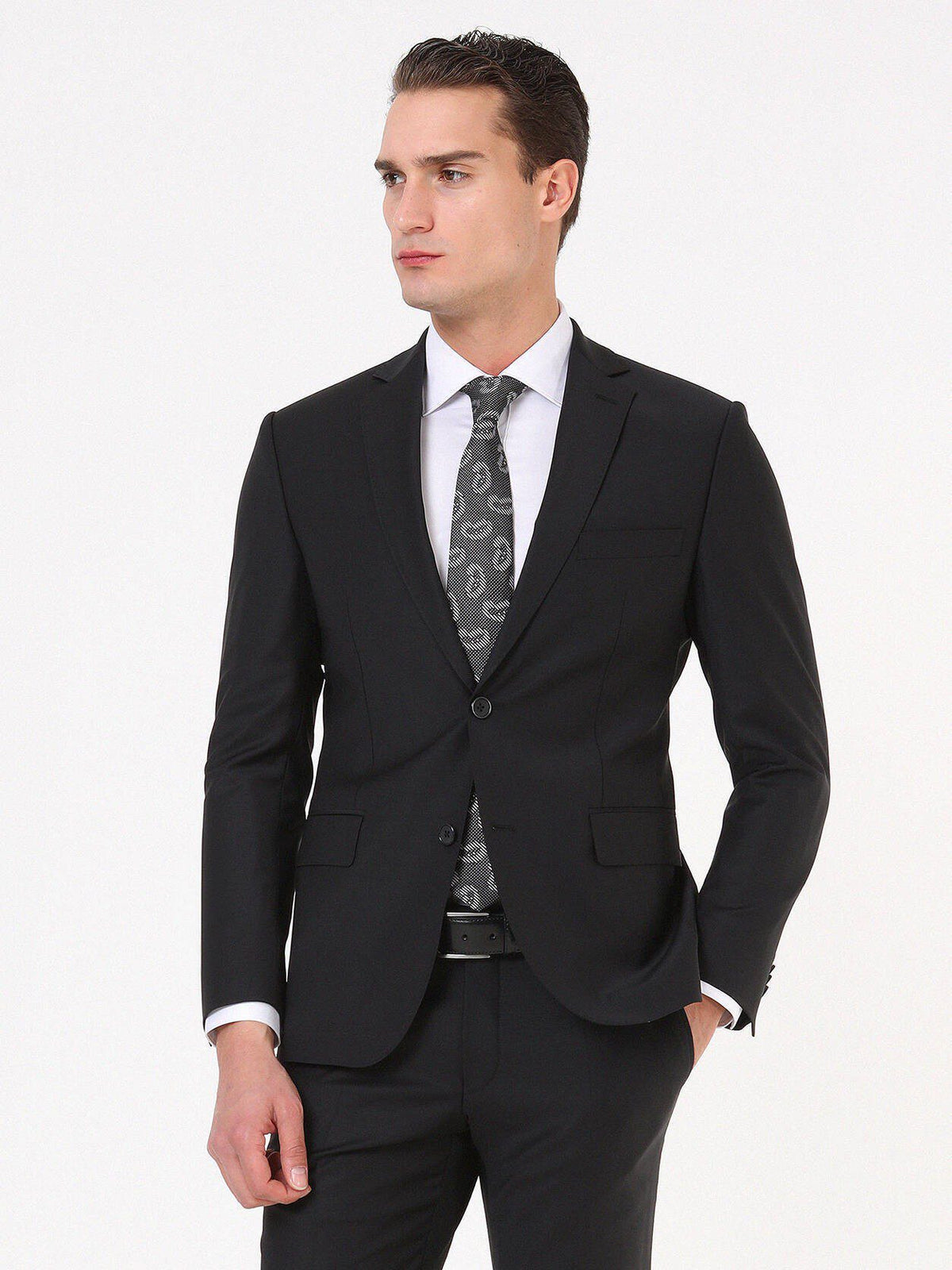 Schwarzer schlichter Wollanzug Regular Fit