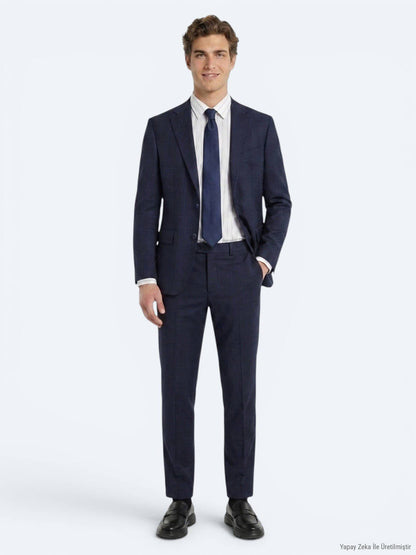 Marineblau Karierter Anzug 100% Wolle