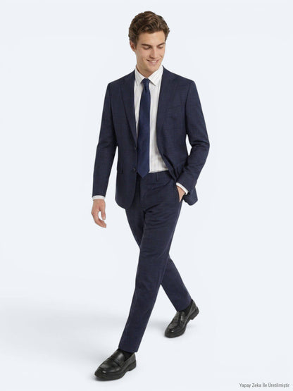Marineblau Karierter Anzug 100% Wolle