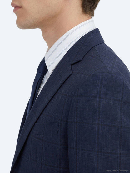 Marineblau Karierter Anzug 100% Wolle
