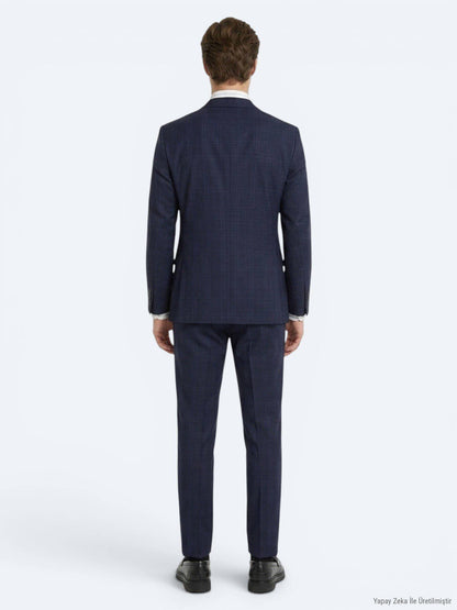 Marineblau Karierter Anzug 100% Wolle