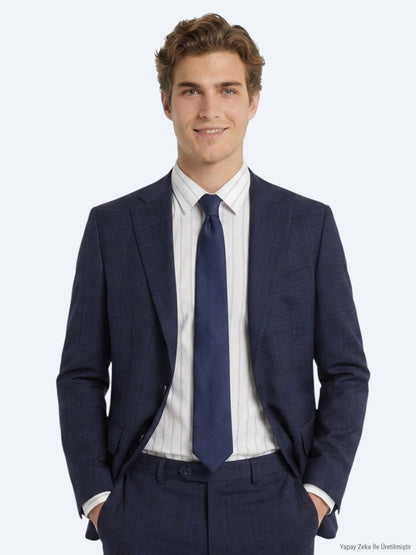 Marineblau Karierter Anzug 100% Wolle