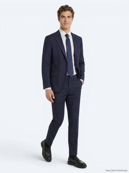 Marineblau Karierter Anzug 100% Wolle