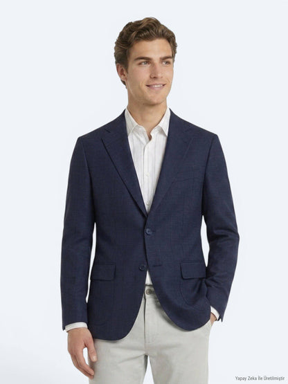 Marineblaue Micro Modern Fit Wolljacke