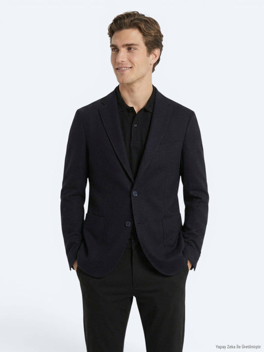 Marineblaue Micro Regular Fit Wolljacke