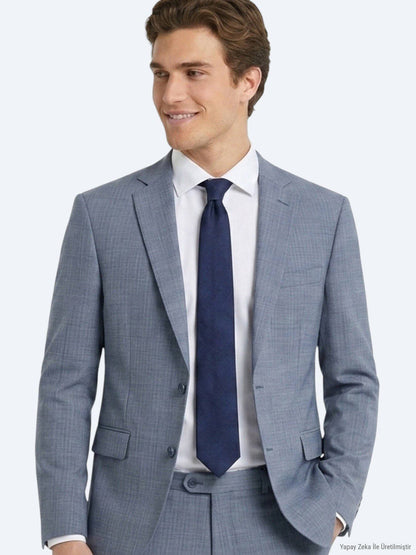 Blau Gestreifter Regular Fit Wollanzug