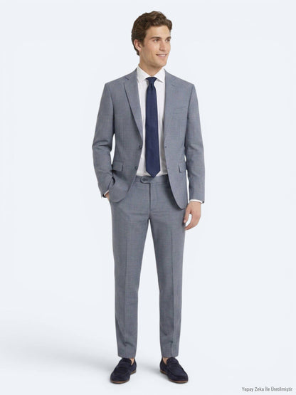 Blau Gestreifter Regular Fit Wollanzug