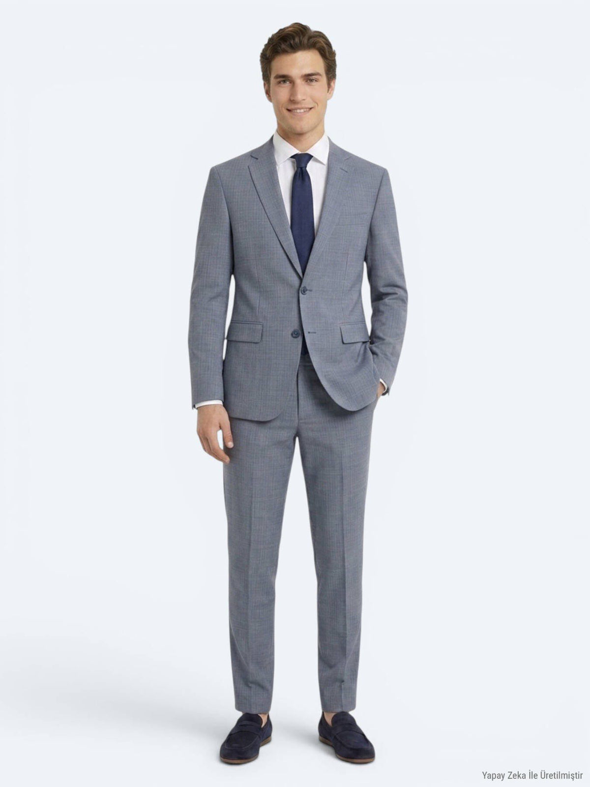 Blau Gestreifter Regular Fit Wollanzug