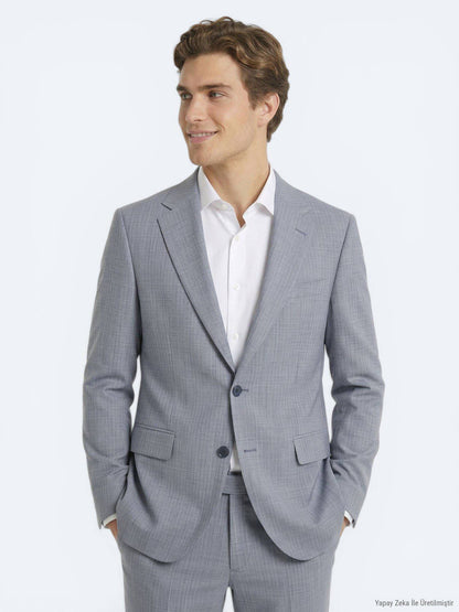 Blau Gestreifter Modern Fit Wollanzug