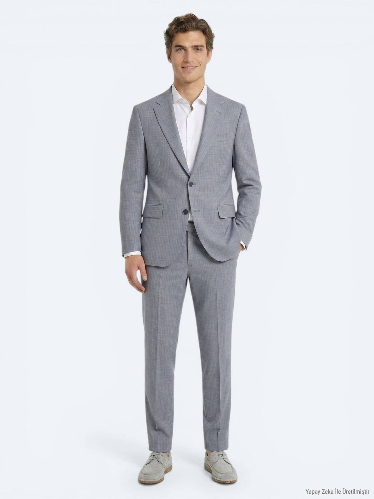 Blau Gestreifter Modern Fit Wollanzug