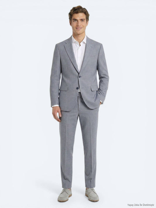 Blau Gestreifter Modern Fit Wollanzug