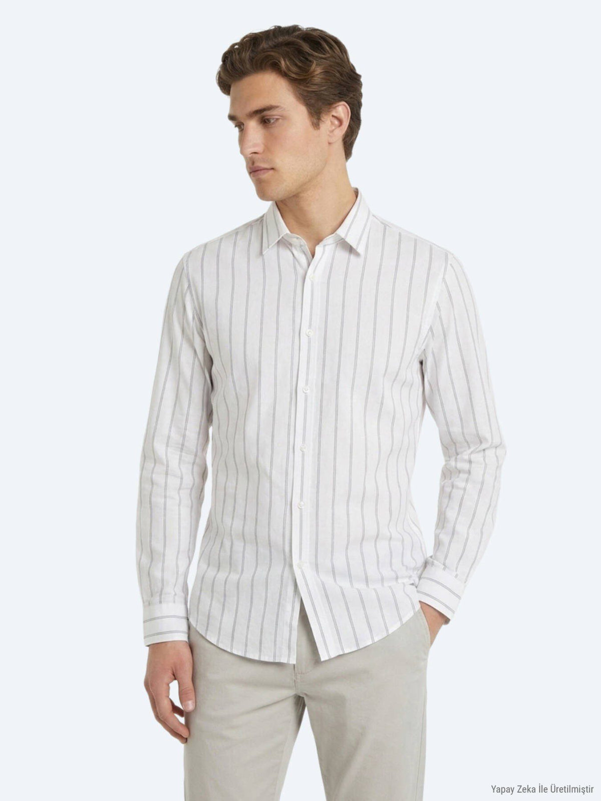 Beige Gestreiftes Regular Fit Baumwollhemd