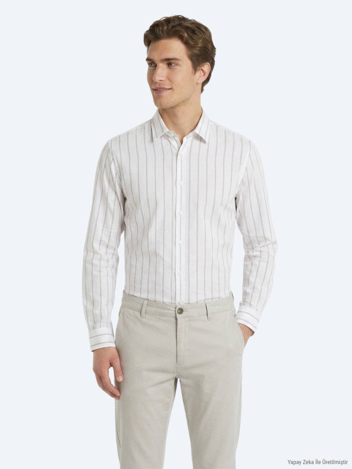 Beige Gestreiftes Regular Fit Baumwollhemd