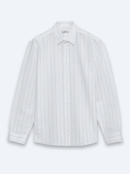 Beige Gestreiftes Regular Fit Baumwollhemd
