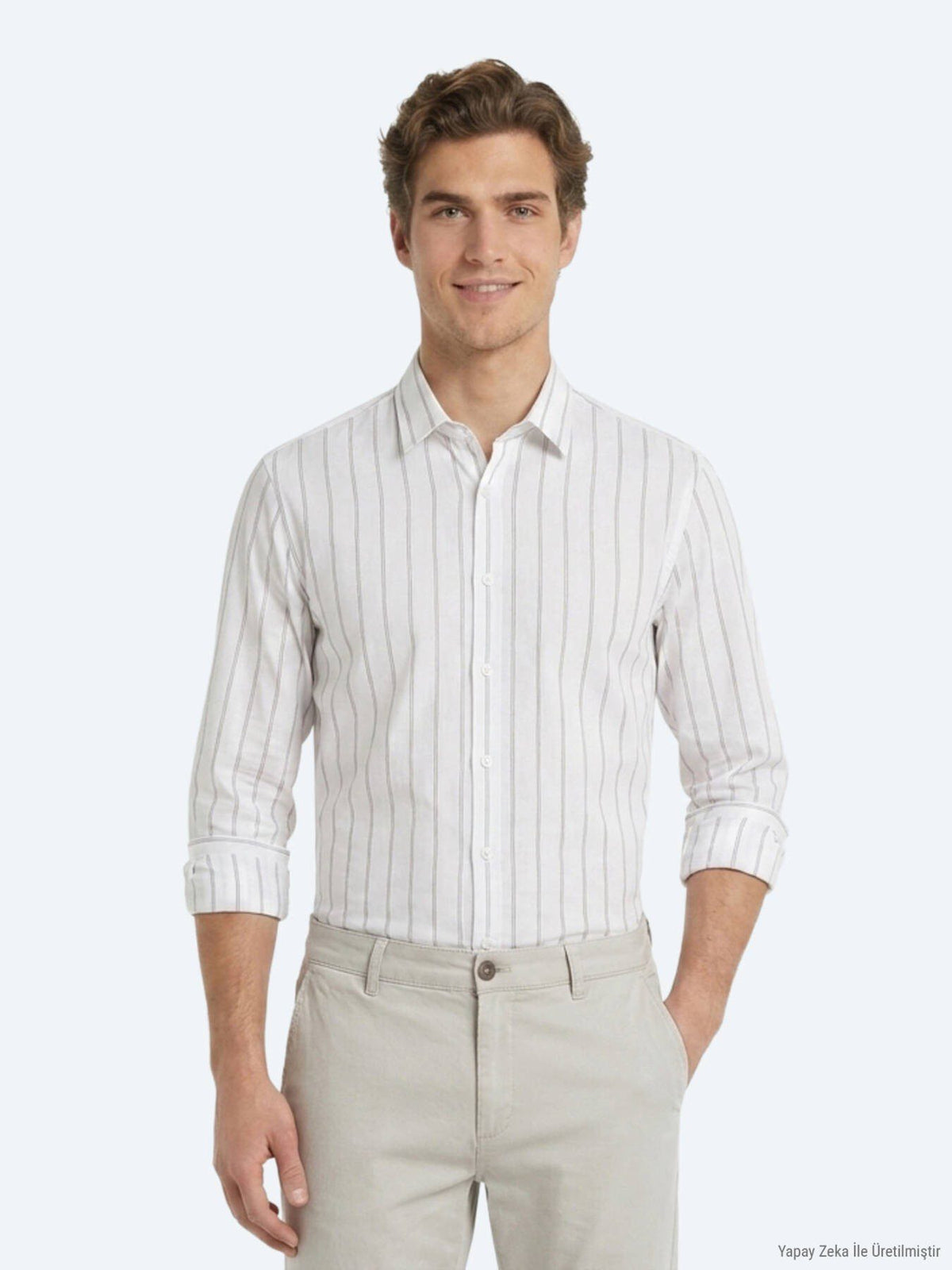 Beige Gestreiftes Regular Fit Baumwollhemd