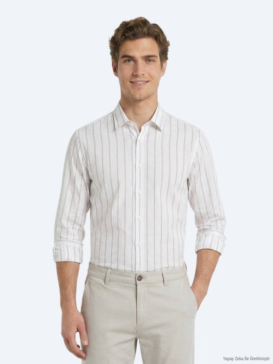 Beige Gestreiftes Regular Fit Baumwollhemd