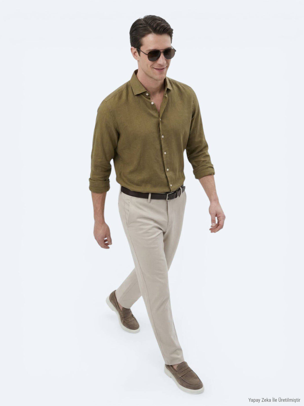 Khaki Unifarben Regular Fit Baumwollhemd