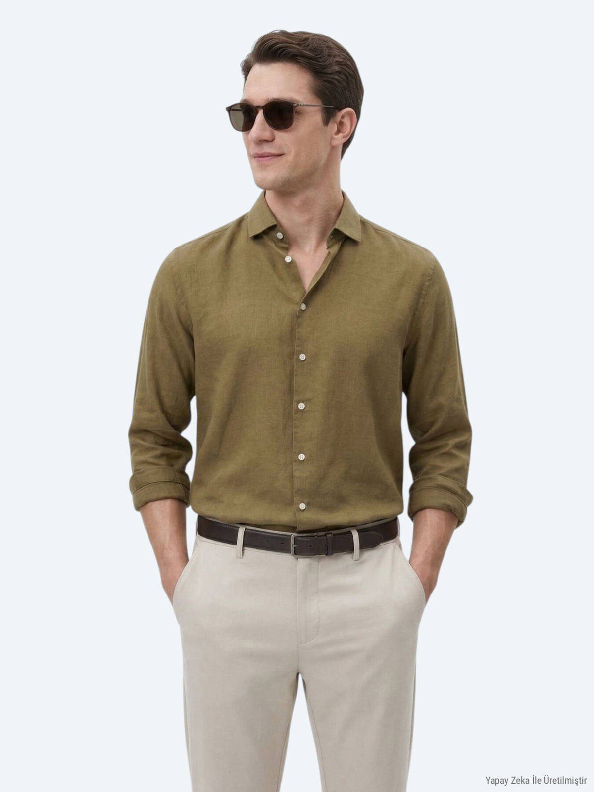 Khaki Unifarben Regular Fit Baumwollhemd
