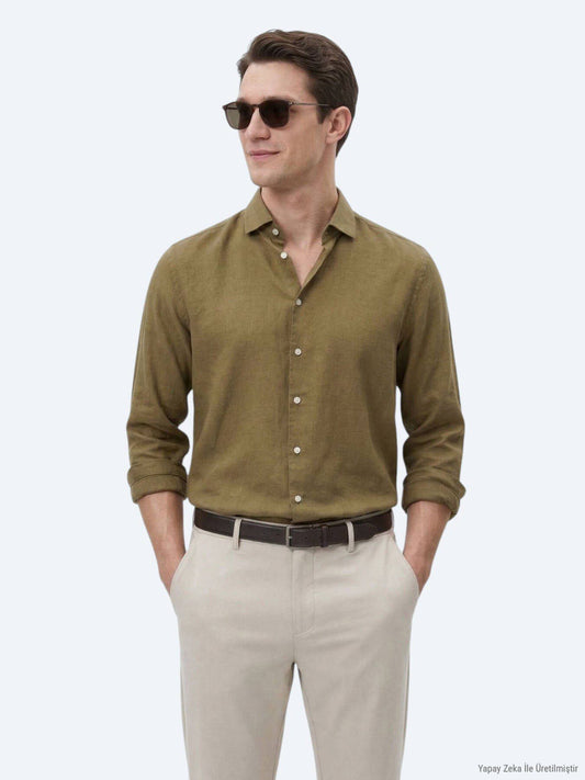 Khaki Unifarben Regular Fit Baumwollhemd