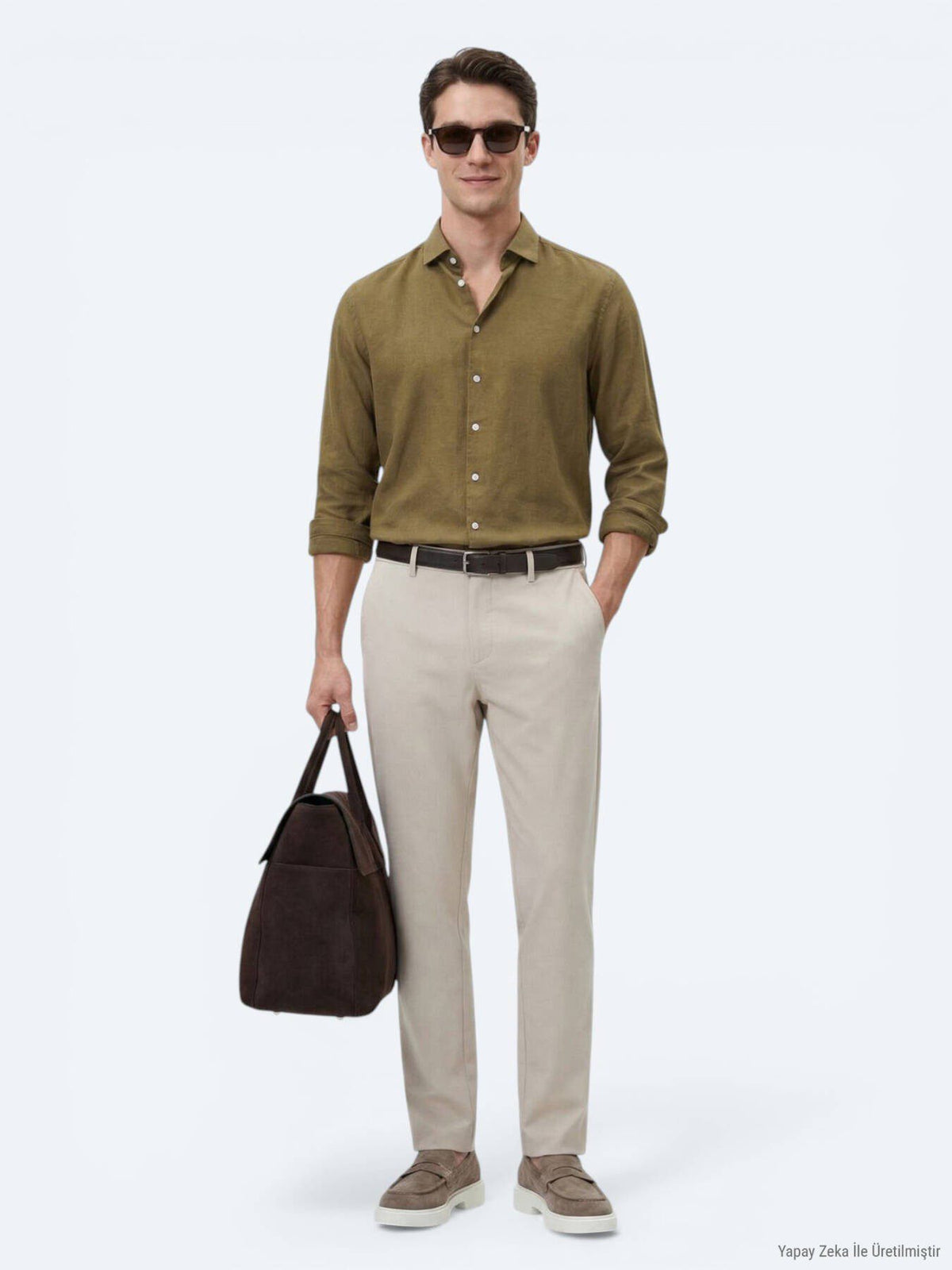Khaki Unifarben Regular Fit Baumwollhemd