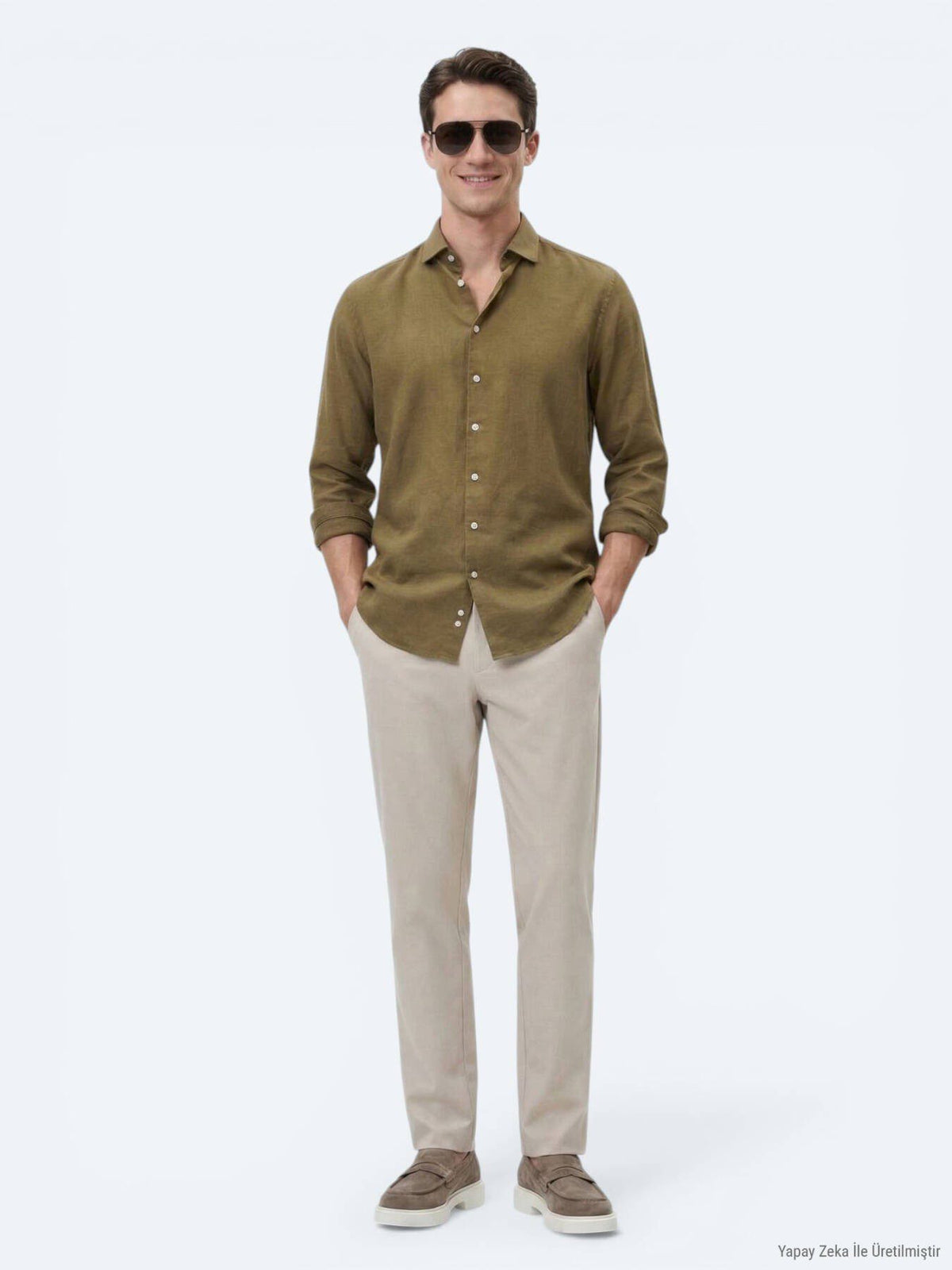 Khaki Unifarben Regular Fit Baumwollhemd