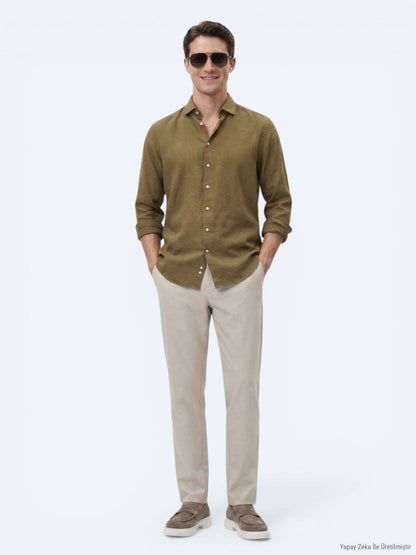 Khaki Unifarben Regular Fit Baumwollhemd