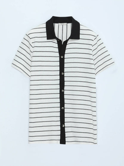 Ecru Gestreiftes Regular Fit Kurzshirt