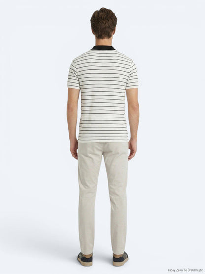 Ecru Gestreiftes Regular Fit Kurzshirt