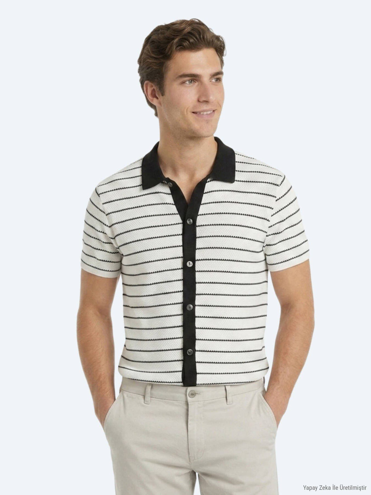 Ecru Gestreiftes Regular Fit Kurzshirt