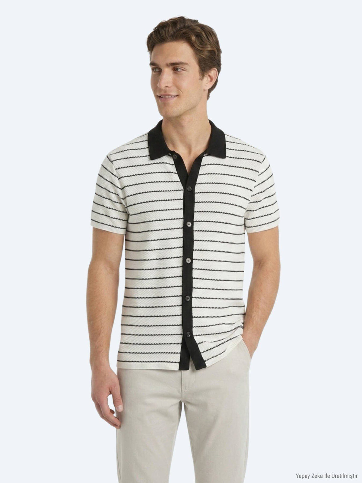 Ecru Gestreiftes Regular Fit Kurzshirt