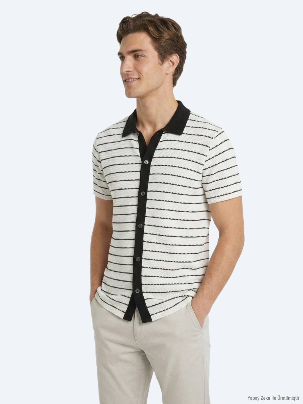 Ecru Gestreiftes Regular Fit Kurzshirt
