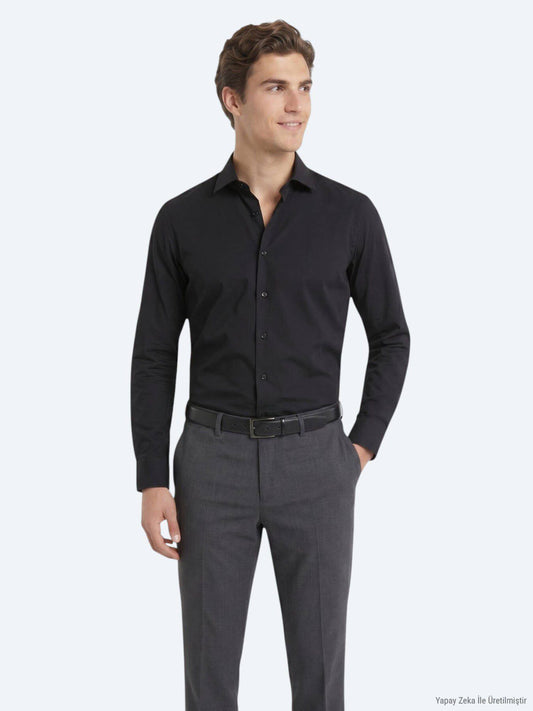 Schwarzes Regular Fit Casual Baumwollhemd
