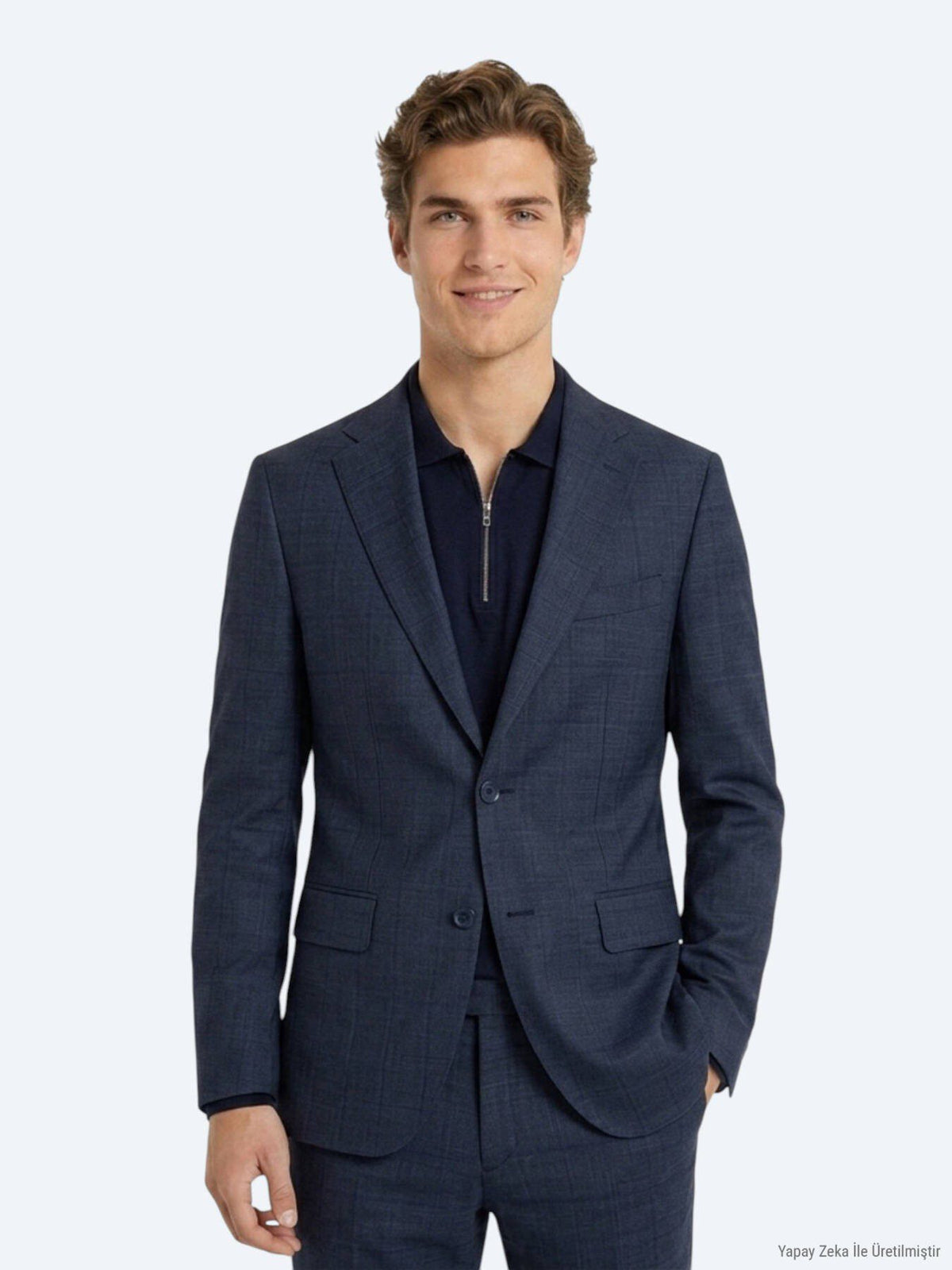 Indigo Gestreifter Modern Fit Wollanzug