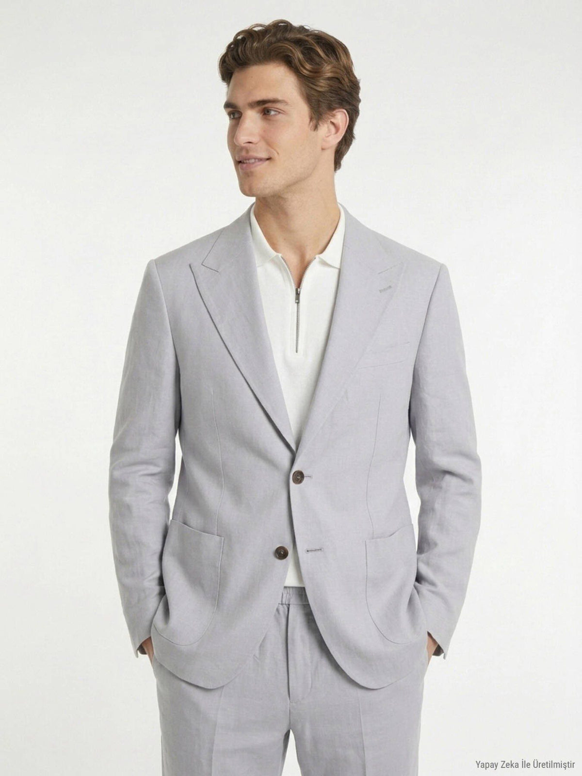 Grau Modern Fit Leinenanzug