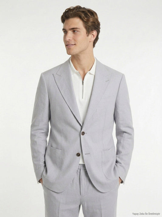 Grau Modern Fit Leinenanzug