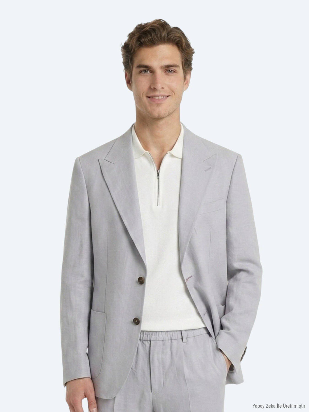 Grau Modern Fit Leinenanzug