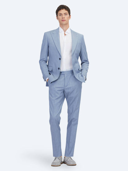 Blau Gestreifter Modern Fit Wollanzug