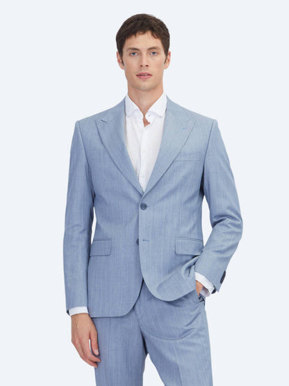 Blau Gestreifter Modern Fit Wollanzug