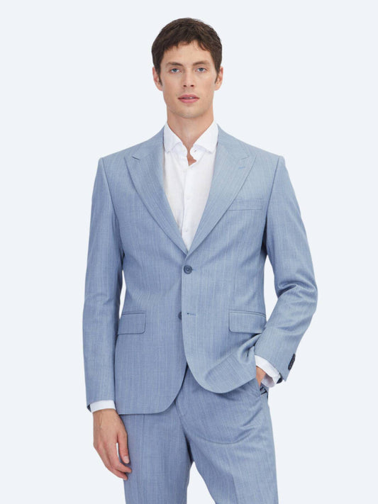 Blau Gestreifter Modern Fit Wollanzug