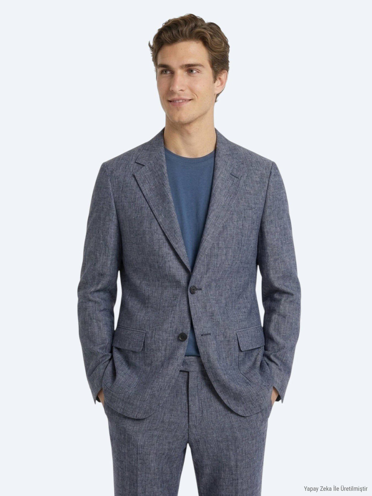 Blaues gemustertes Modern Fit Leinenanzug