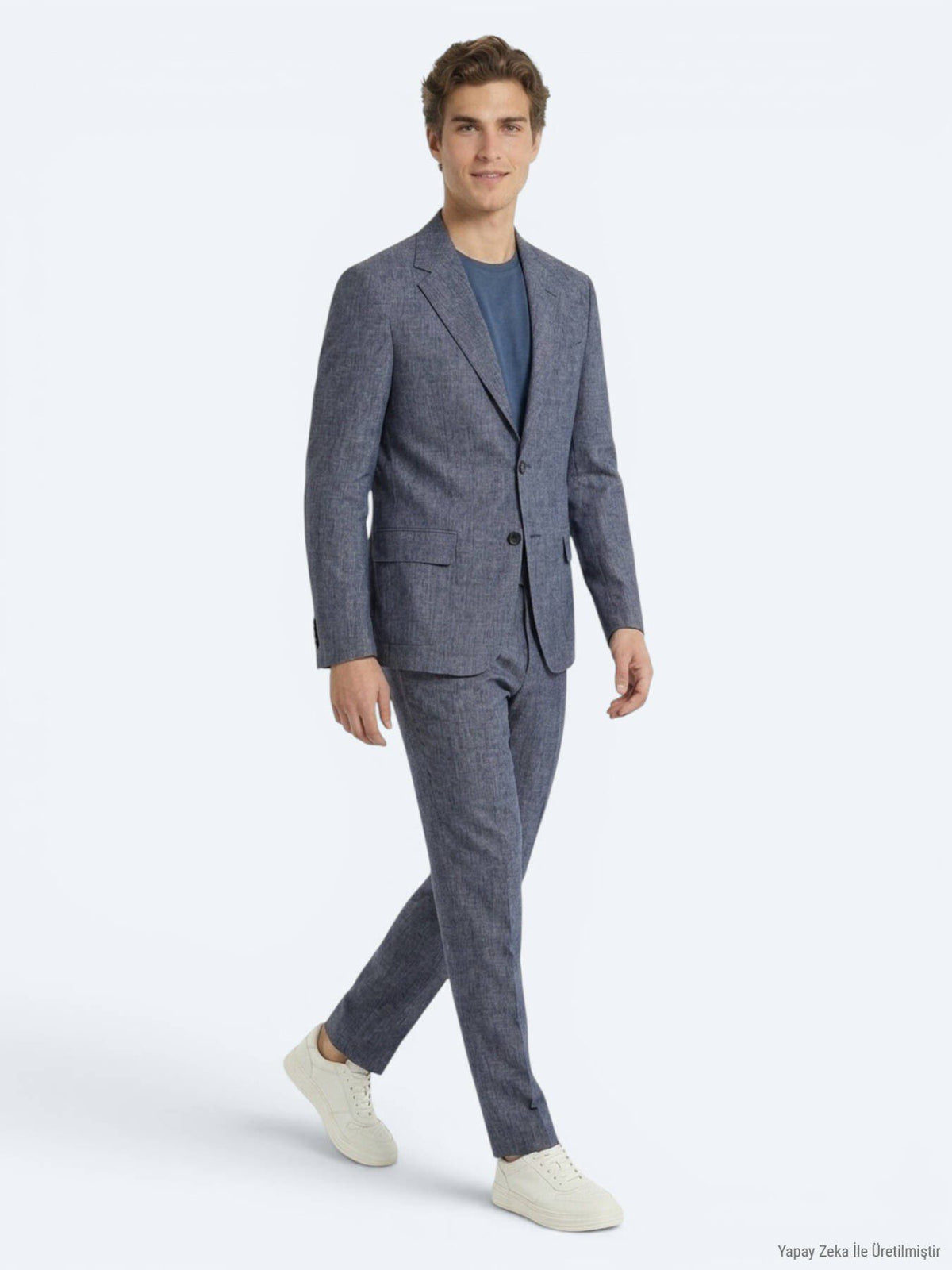 Blaues gemustertes Modern Fit Leinenanzug