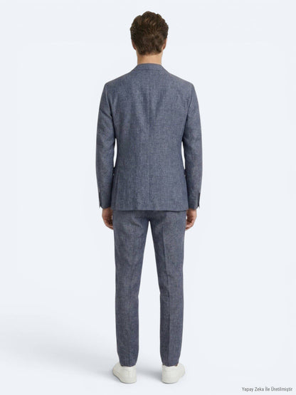 Blaues gemustertes Modern Fit Leinenanzug